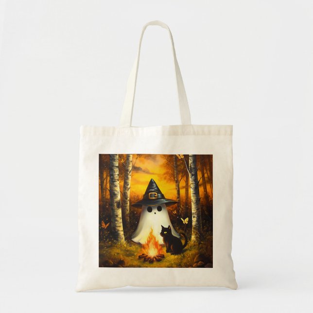 Mysigt Halloween Ghost & Black Cat Campfire Art Tygkasse (Framsidan)