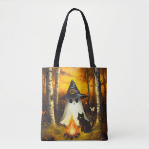 Mysigt Halloween Ghost & Black Cat Campfire Art Tygkasse