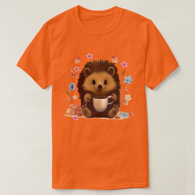 Mysigt Hedgehog with Coffee - Cute Autumn Art T Shirt (Design framsida)