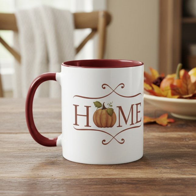 Mysigt höst för det moderna jordbruksområdet "Home Mugg (HOME rustic coffee mug with a pumpkin for the O in HOME.)