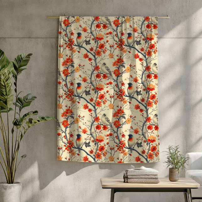 Mysigt höstblad med fågel och Blommigt Charm Fleecefilt (Cozy Autumn Blanket with Birds and Floral Charm)