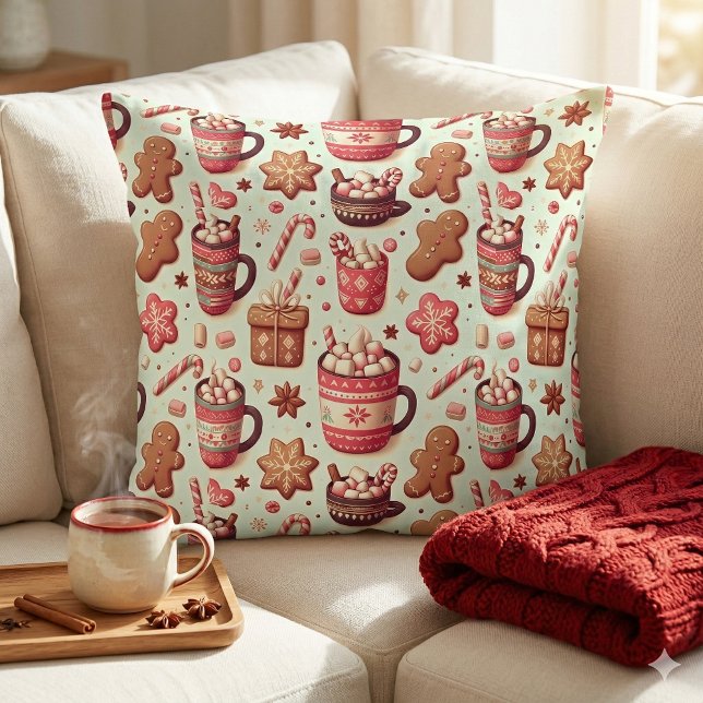 Mysigt julkaka och Gingerbröd Mönster Kudde (Cozy Christmas Cocoa and Gingerbread Pattern Throw Pillow Mockup A.)