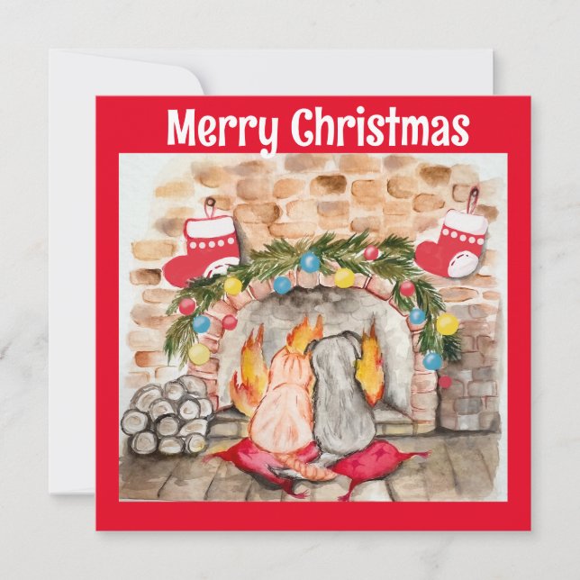 Mysigt julmantel med hund och katt inbjudningar (Framsida)