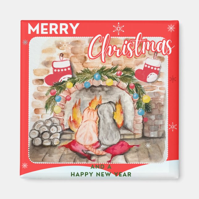 Mysigt julmantel med hund och katt magnet (Framsidan)