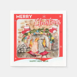 Mysigt julmantel med hund och katt pappersservett