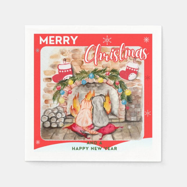 Mysigt julmantel med hund och katt pappersservett (Framsidan)