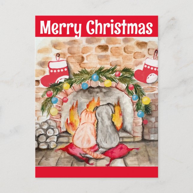 Mysigt julmantel med hund och katt vykort (Framsida)