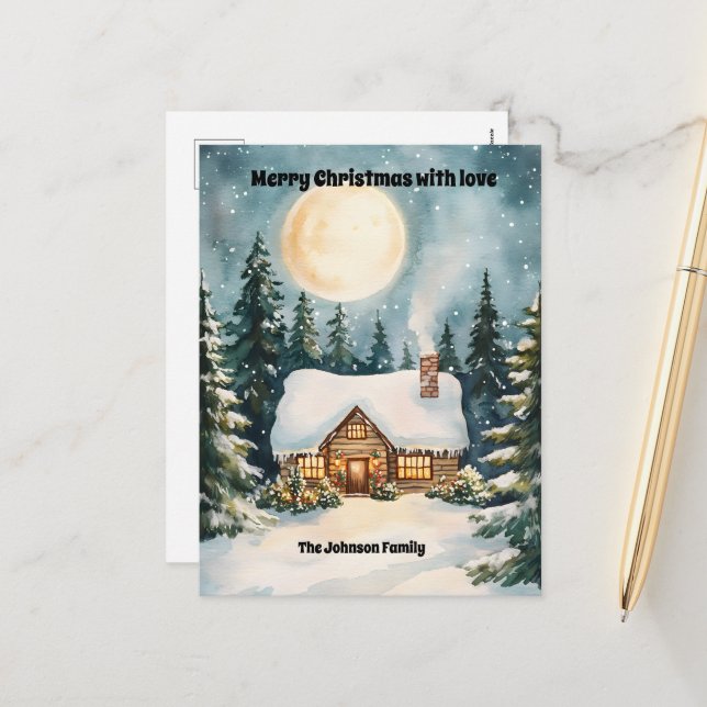Mysigt julstuga täckt med Snö Helg Vykort (Fram/Back In Situ)