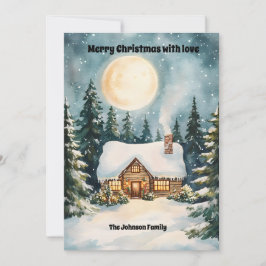 Mysigt julstuga täckt med snö julkort