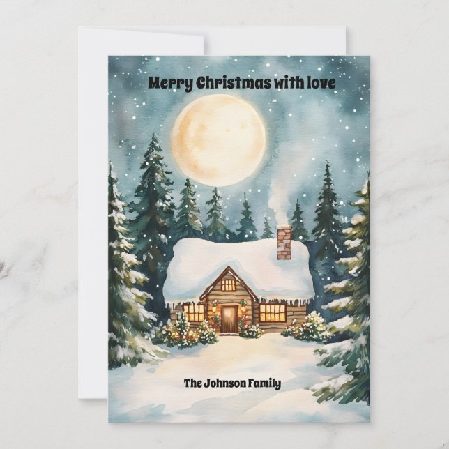 Mysigt julstuga täckt med snö julkort (Framsida)