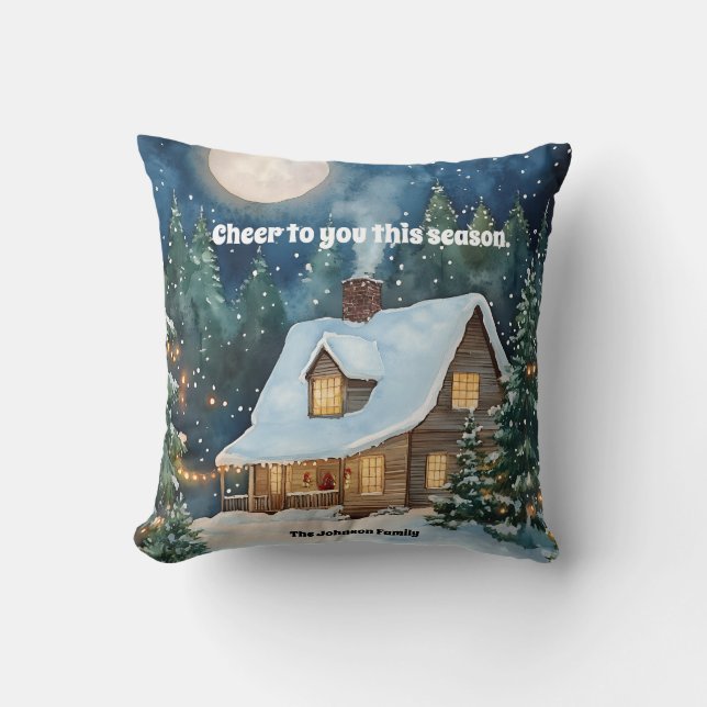 Mysigt julstuga täckt med Snö Kudde (Framsida)