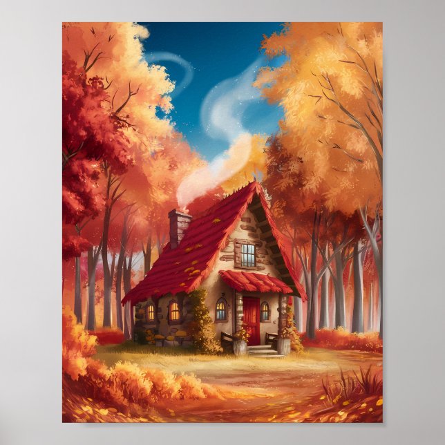 Mysigt kabin i höstskogen poster (Framsidan)