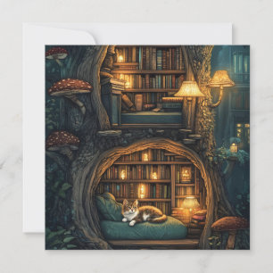 Mysigt Kat i ett magiskt Treehouse Bibliotek Julkort