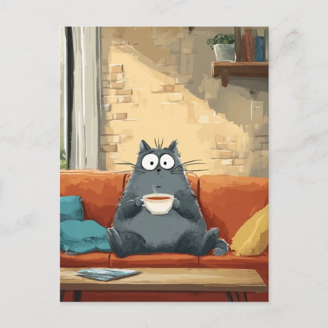 Mysigt katt med kaffe vykort (Framsida)