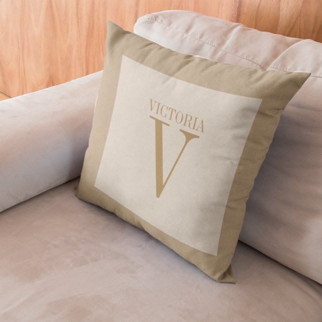 Mysigt Light Beige Linen with Tan Monogram Kudde (Skapare uppladdad)