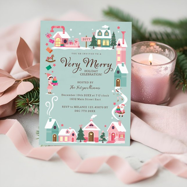 Mysigt Nordpolens Rosa Elf Workshop jul Party Inbjudningar (Cozy North Pole Pink Elf Workshop Christmas Party Invitation)
