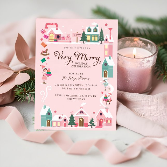 Mysigt Nordpolens Rosa Elf Workshop jul Party Inbjudningar (Cozy North Pole Pink Elf Workshop Christmas Party Invitation)
