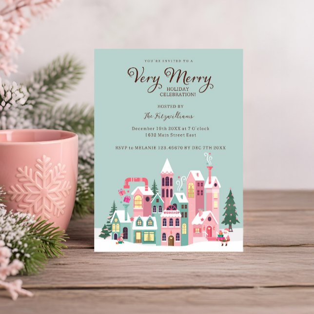 Mysigt Nordpolens Rosa Elf Workshop jul Party Inbjudningar (Cozy North Pole Pink Elf Workshop Christmas Party Invitation)