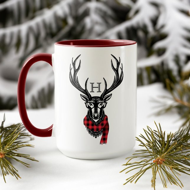 Mysigt och varm | Red Buffalo Play Hjort Monogram Mugg (Cozy & Warm | Red Buffalo Plaid Deer Monogram Mug)