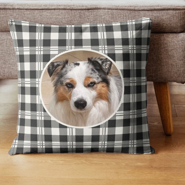 Mysigt Pet Photo Mörk Grått Buffalo Play Design Kudde (Buffalo Plaid Dark Gray and Buttercream Photo Throw Pillow)