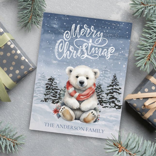 Mysigt Polar Bear med Red Scarf Flat-jul Helg Vykort (Cozy Polar Bear with Red Scarf Flat Christmas Holiday Postcard)