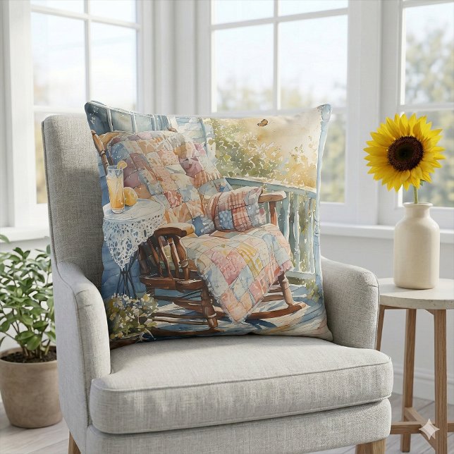 Mysigt Porch med Quilt och Lemonade Charm Kudde (Cozy Porch with Quilt and Lemonade Charm Throw Pillow Mockup A)