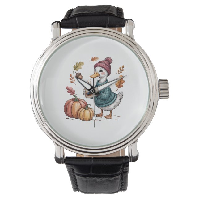 Mysigt Pumpkin Coffee Goose Fall Art Armbandsur (Framsida)