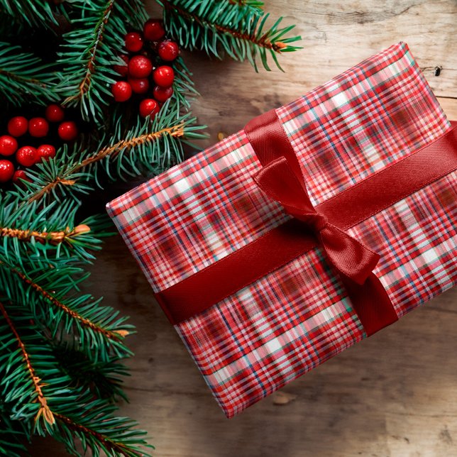 Mysigt Red and White Play Flella Mönster Presentpapper (Cozy Red and White Plaid Flannel Pattern Wrapping Paper)