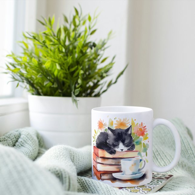Mysigt relaxerad katt i vattenfärg kaffemugg (Skapare uppladdad)