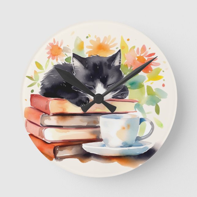 Mysigt relaxerad katt i vattenfärg rund klocka (Framsida)