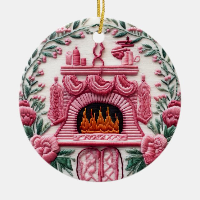Mysigt Rosa Julfireplace Julgransprydnad Keramik (Framsidan)
