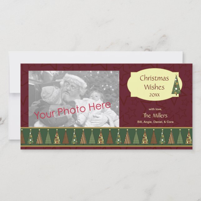 Mysigt rött och grönt julgranfotokort julkort (Framsida)