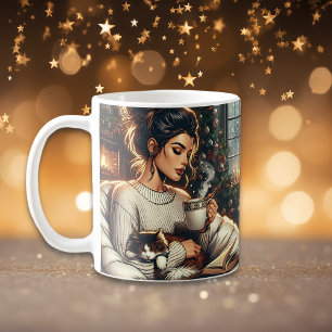 Mysigt scen Kvinnor som dricker kakao med katt Kaffemugg