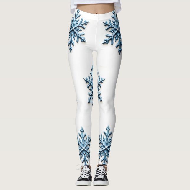 Mysigt snöflingdesign i vitt och Isig Blue Leggings (Framsida)