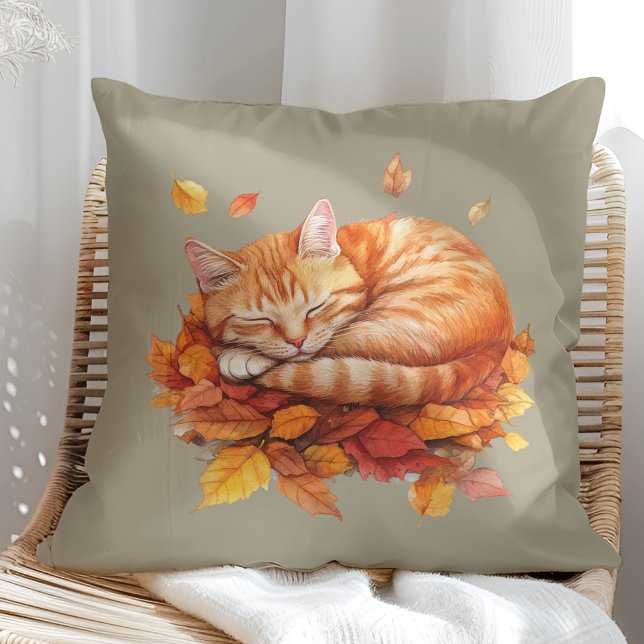 Mysigt sömningefingerkattfyllo kudde (Cozy Sleeping Ginger Cat Terracotta Pillow in a sunny boho rattan chair.)