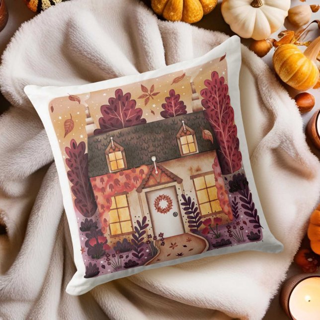 Mysigt stuga och Höst löv Kudde (Cozy Cottage and Fall Autumn Leaves Throw Pillow)