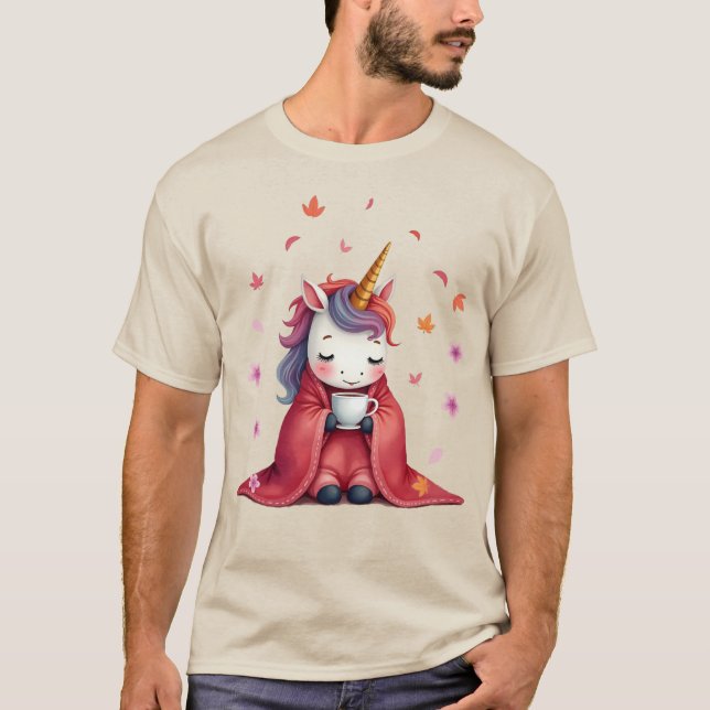 Mysigt Unicorn, insvälld i en ränkkaffe T Shirt (Framsida)