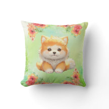 Mysigt valp med blommande blommor Vattenfärgskonst