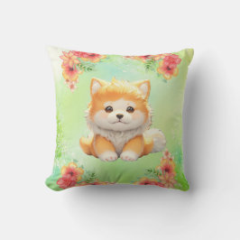 Mysigt valp med blommande blommor Vattenfärgskonst Kudde