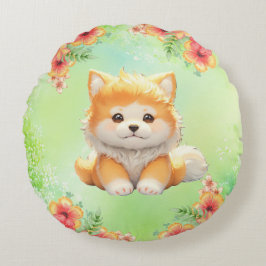 Mysigt valp med blommande blommor Vattenfärgskonst Rund Kudde