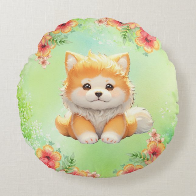 Mysigt valp med blommande blommor Vattenfärgskonst Rund Kudde (Framsidan)