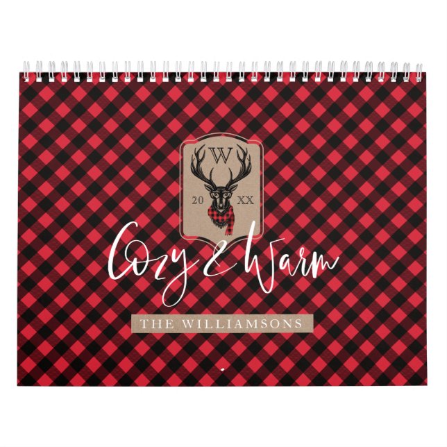 Mysigt & varm | röd Monogram för buffelplädren Kalender (Omslag)