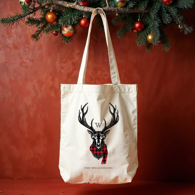 Mysigt & varm | röd Monogram för buffelplädren Tygkasse (Cozy & Warm | Red Buffalo Plaid Reindeer Monogram Tote Bag)