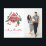 Mysigt vattenfärgsfärgat rött julfoto helg vykort<br><div class="desc">God Jul! Skicka varma julhälsningar till familj och vänner med det här anpassadet. Den har en vattentät röd julstuga med en viskös underlandsplats på vintern. Anpassa det här färgfotovykortet genom att lägga till egna detaljer. Detta mysiga vykort för julklapp finns på andra kartonger.</div>