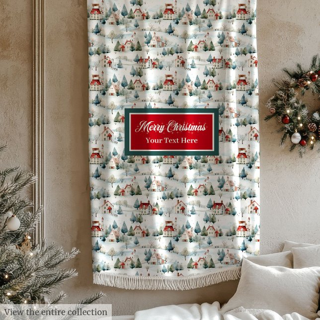 Mysigt vattenfärgsfilt för julbyn fleecefilt (Cozy watercolor festive Christmas village blanket)