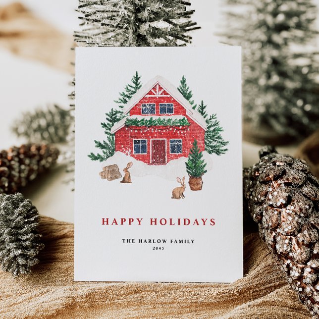 Mysigt vattenfärgsröd bomull Evergreen Forest Helgkort (This holiday card features a beautifully illustrated red cottage nestled in a snowy evergreen forest)