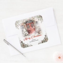 Mysigt vattenfärgsröd juldörr i vinterstaden fyrkantigt klistermärke