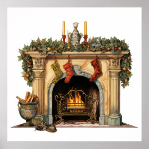 Mysigt Viktoriansk fireplace-jul Poster