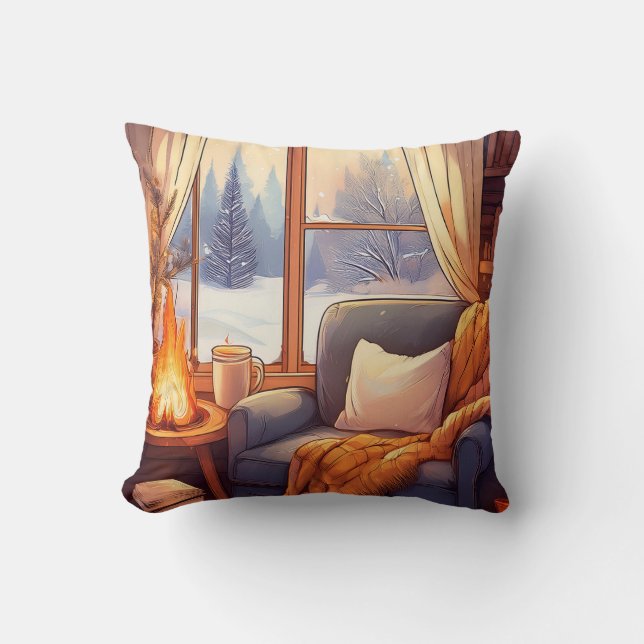 Mysigt vinter-stol med eldstad, vintervinterscen kudde (Framsida)