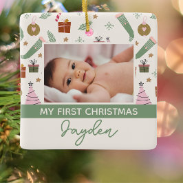 Mysigt VinterRosa Grönt Första julfoto Julgransprydnad Keramik